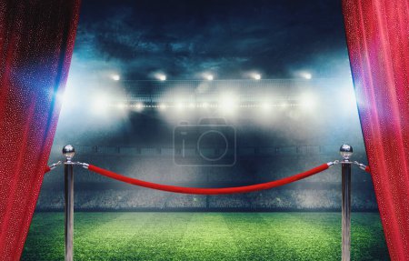 Photo for Football stadium with losed event of VIP soccer match delimited by barriers red rope - Royalty Free Image