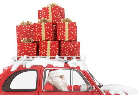 Foto de Santa claus conduce un coche rojo lleno de regalos de Navidad - Imagen libre de derechos