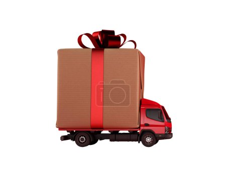 Téléchargez les photos : Livraison d'un grand coffret cadeau pour Noël sur fond rouge. Rendu 3d - en image libre de droit