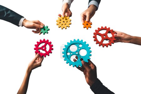 Photo for Business people connect pieces of gears. Partnership and integration concept - Royalty Free Image