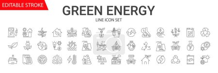 Illustration for Green energy vector linear icons set. Electric car, nuclear plant, wind power, solar panels, green energy, water resource, bio fuel, air pollution, global warming, climate change. Editable stroke - Royalty Free Image