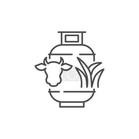 Illustration for Biogas related vector linear icon. Gas cylinders icon with cow head and grass. Icon related to ecology, renewable energy. Vector outline illustration Isolated on white background. Editable stroke - Royalty Free Image