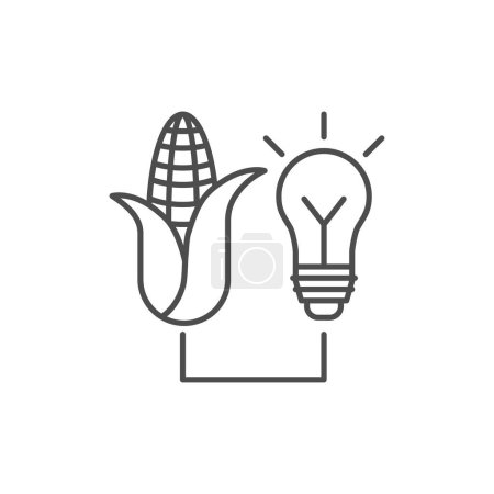 Illustration for Biomass electric related vector linear icon. Corn powers a light bulb. Ecological research. Eco energy and biofuel. Vector outline illustration Isolated on white background. Editable stroke - Royalty Free Image