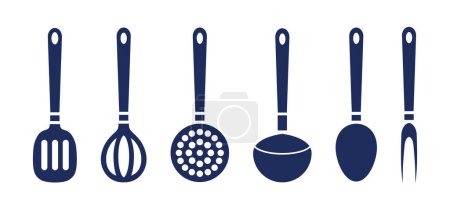 Téléchargez les illustrations : Ustensiles de cuisine suspendus. Outils de cuisine, écumoire en métal, fouet, spatule, fourchette à découper, louche, cuillère à café et ustensiles de cuisine, image vectorielle - en licence libre de droit