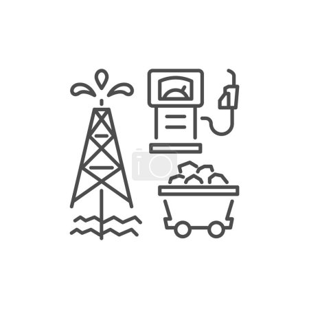 Illustration for Non-renewable energy related vector linear icon. Oil rig, gas station, coal cart. Vector outline illustration Isolated on white background. Editable stroke - Royalty Free Image