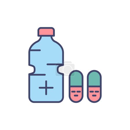 Téléchargez les illustrations : Icône de ligne vectorielle liée à la bouteille médicale. Pilules, eau. Isolé sur fond blanc. Illustration vectorielle. Course modifiable - en licence libre de droit