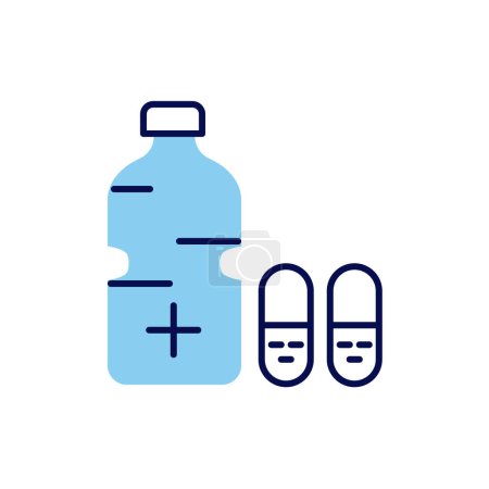 Téléchargez les illustrations : Icône de ligne vectorielle liée à la bouteille médicale. Pilules, eau. Isolé sur fond blanc. Illustration vectorielle. Course modifiable - en licence libre de droit