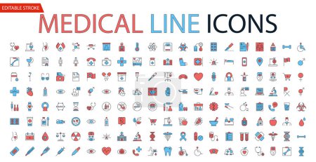 Illustration for Medical Vector Icons Set. Line Icons, Sign and Symbols in Outline Fill Design Medicine and Health Care with Elements for Mobile Concepts and Web Apps. Collection Modern Infographic Logo and Pictogram - Royalty Free Image