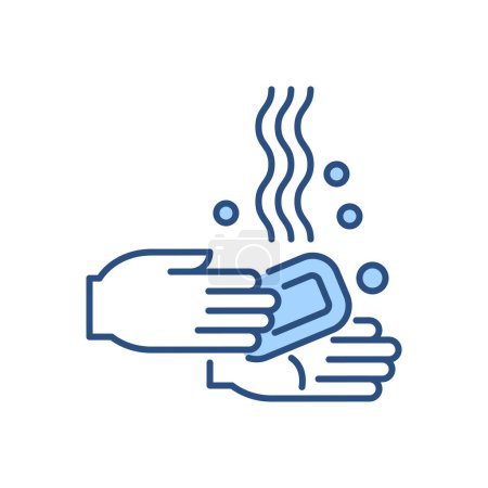 Téléchargez les illustrations : Lavage à la main icône vectorielle connexe. Se laver les mains avec du savon versant de l'eau. Panneau de lavage des mains. Isolé sur fond blanc. Illustration vectorielle modifiable - en licence libre de droit
