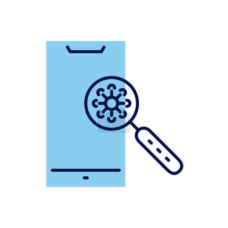 Ilustración de Virus en la superficie del icono del vector relacionado con el teléfono inteligente. Cornavirus en lupa en la superficie del smartphone. Aislado sobre fondo blanco. Ilustración vectorial editable - Imagen libre de derechos