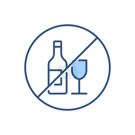 Illustration for No alcohol sign related vector icon. Bottle of wine and glass in prohibitory sign. Isolated on white background. Editable vector illustration - Royalty Free Image