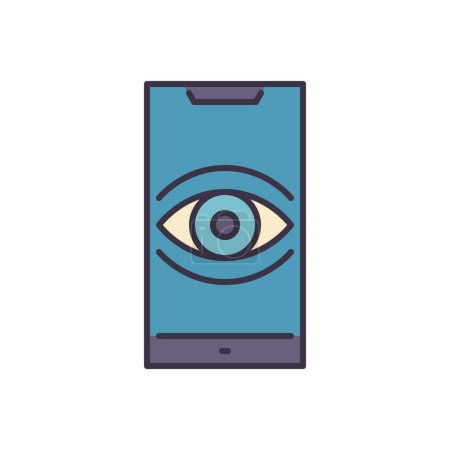 Ilustración de Vigilancia smartphone icono de vector relacionado. Ojo en la pantalla del teléfono inteligente que simboliza el seguimiento del usuario. Aislado sobre fondo blanco. Ilustración vectorial editable - Imagen libre de derechos
