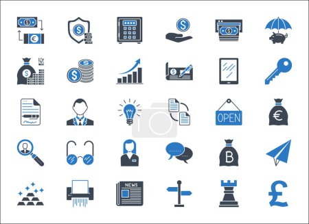Illustration for Business, banking and finance vector icons set glyph blue. Icons for business, management, finance, strategy, banking, marketing and accounting for mobile concepts and web. Modern pictogram - Royalty Free Image