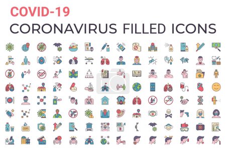 Illustration for Coronavirus COVID-19 pandemic respiratory pneumonia disease related vector icons set. Included icons symptoms, transmission, prevention, treatment, virus, outbreak, contagious, infection 2019-nCoV - Royalty Free Image