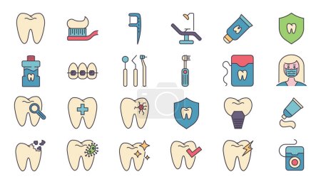 Ilustración de Conjunto de iconos vectoriales relacionados con la dentición. Incluido iconos silla dental, pasta dental, herramientas dentales, hilo dental, caries, cepillo de dientes, pasta de dientes, dolor de muelas, implante. Aislado sobre fondo blanco - Imagen libre de derechos