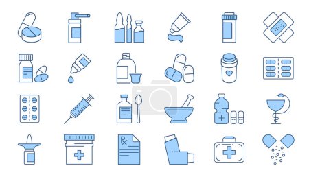 Illustration for Drugs Related Vector Icons set. Drugs signs. Contains such Icons as Pills, Spray, Syringe, First Aid, Gel, Recipe, Syrup, Pills Tube, Tooth Paste, Capsule, Vitamin, Inhaler, Eye Drops - Royalty Free Image