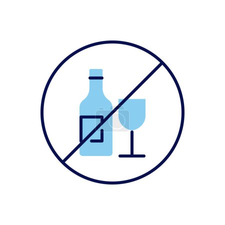 Téléchargez les illustrations : Pas d'icône vectorielle liée à l'alcool. Bouteille de vin et verre en signe d'interdiction. Isolé sur fond blanc. Illustration vectorielle modifiable - en licence libre de droit