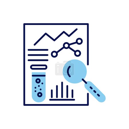 Illustration for Medical analytics Related Vector Icon. Research sheet with test bulb, graphs and a magnifying glass. Research sign Isolated on White Background. Vector Illustration - Royalty Free Image
