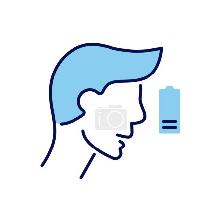 Illustration for Fatigue related vector icon. The head of man and battery with low charge. Fatigue sign. Isolated on white background. Editable vector illustration - Royalty Free Image