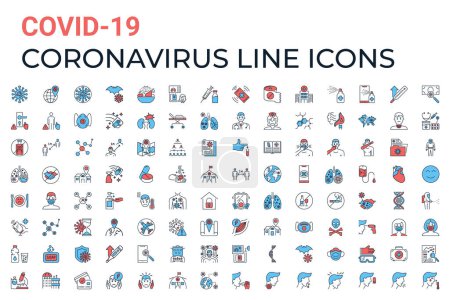 Téléchargez les illustrations : Ensemble d'icônes vectorielles liées à la pneumonie respiratoire pandémique COVID-19 à coronavirus. Inclus icônes symptômes, transmission, prévention, traitement, virus, épidémie, contagieux, infection 2019-nCoV - en licence libre de droit