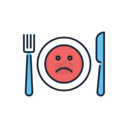 Illustration for Loss of appetite related vector icon. Cutlery, knife, fork and plate. On plate sad smiley. Loss of appetite sign. Isolated on white background. Editable vector illustration - Royalty Free Image
