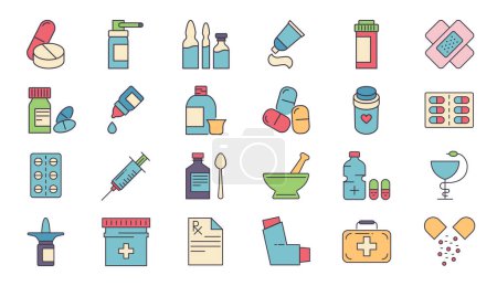 Illustration for Drugs Related Vector Icons set. Drugs signs. Contains such Icons as Pills, Spray, Syringe, First Aid, Gel, Recipe, Syrup, Pills Tube, Tooth Paste, Capsule, Vitamin, Inhaler, Eye Drops - Royalty Free Image