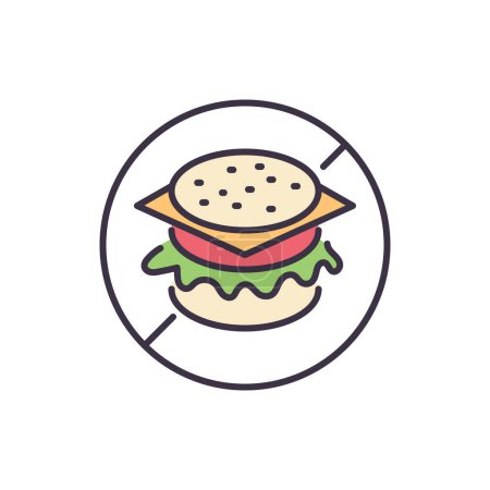 Illustration for No Fast Food related vector line icon. Prohibition sign, burger, hamburger, cheeseburger. burger, hamburger, cheeseburgerIsolated on white background. Vector illustration. Editable stroke - Royalty Free Image