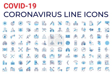 Ilustración de Conjunto de iconos vectoriales relacionados con la neumonía respiratoria pandémica por Coronavirus COVID-19. Incluido iconos síntomas, transmisión, prevención, tratamiento, virus, brote, contagioso, infección 2019-nCoV - Imagen libre de derechos