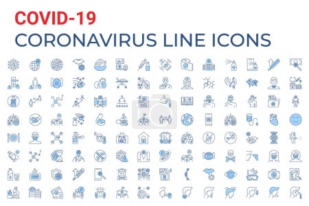 Illustration for Coronavirus COVID-19 pandemic respiratory pneumonia disease related vector icons set. Included icons symptoms, transmission, prevention, treatment, virus, outbreak, contagious, infection 2019-nCoV - Royalty Free Image