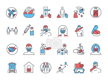 Illustration for Coronavirus Prevention vector icons. Isolated on white background. Contains such Icons as Washing Hands, Outbreak Map, Man and Woman Wearing Face Mask, avoid travel, wash fruits, vaccine, clean - Royalty Free Image
