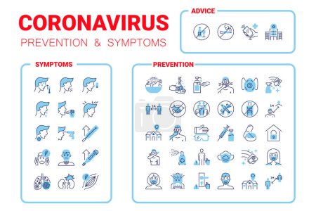 Ilustración de Conjunto de iconos de la infografía pandémica del coronavirus. Covid 19 prevención, síntomas y evitar. Conjunto de iconos de virus para sitios web. Consejos de protección nCoV 2019 - Imagen libre de derechos