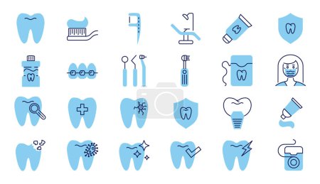 Téléchargez les illustrations : Ensemble d'icônes vectorielles liées aux soins dentaires. Inclus icônes chaise dentaire, pâte dentaire, outils dentaires, fil dentaire, caries, brosse à dents, dentifrice, mal de dents, implant. Isolé sur fond blanc - en licence libre de droit