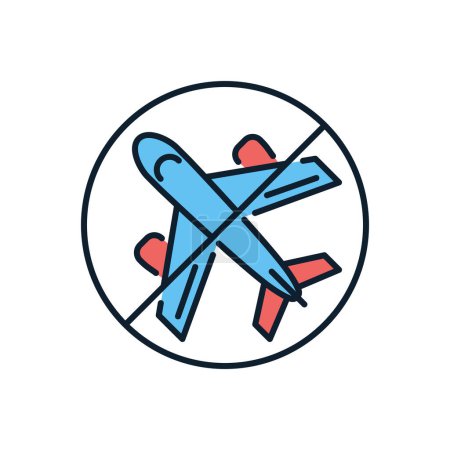 Ilustración de Evitar Viajes relacionados con el icono de vector. Avión en señal de prohibición. Aislado sobre fondo blanco. Ilustración vectorial editable - Imagen libre de derechos