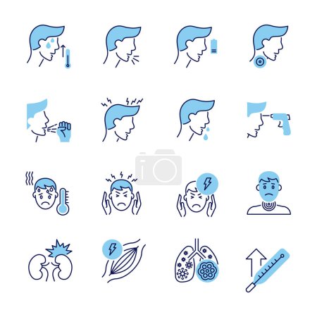 Ilustración de Conjunto de iconos vectoriales relacionados con los síntomas del coronavirus. Contiene iconos tales como dolor de cabeza, fiebre, alta temperatura, neumonía, dolor de garganta, tos, dolor muscular, insuficiencia renal, pulmones Infección, fatiga - Imagen libre de derechos