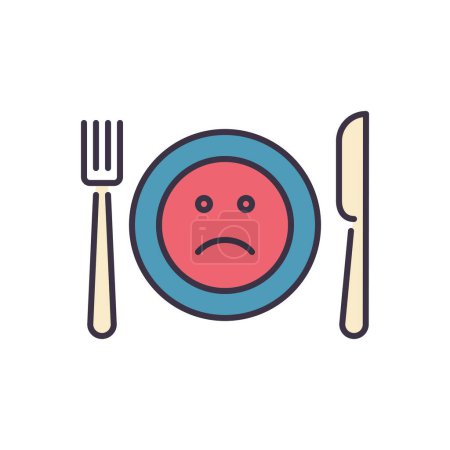 Illustration for Loss of appetite related vector icon. Cutlery, knife, fork and plate. On plate sad smiley. Loss of appetite sign. Isolated on white background. Editable vector illustration - Royalty Free Image