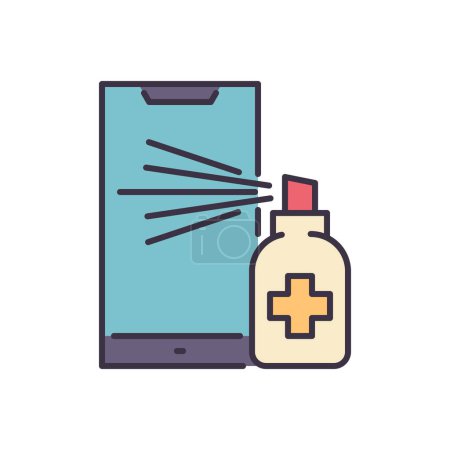 Illustration for Smartphone disinfection related vector icon. Alcohol Disinfector sprays aerosol onto smartphone screen. Disinfection sign. Isolated on white background. Editable vector illustration - Royalty Free Image