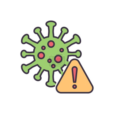 Ilustración de Corona virus peligro relacionado con el icono del vector. Coronavirus con signo de triángulo de advertencia y signo de exclamación en él. Aislado sobre fondo blanco. Señal de peligro del virus Corona. Ilustración vectorial editable - Imagen libre de derechos