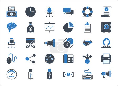 Illustration for Business, banking and finance vector icons set glyph blue. Icons for business, management, finance, strategy, banking, marketing and accounting for mobile concepts and web. Modern pictogram - Royalty Free Image