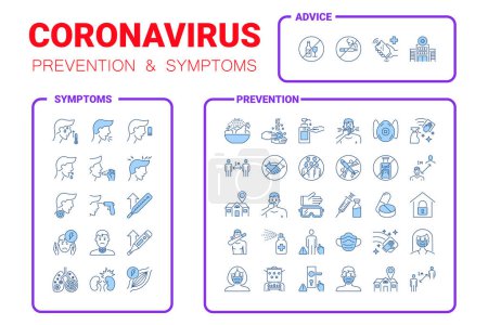 Ilustración de Conjunto de iconos de la infografía pandémica del coronavirus. Covid 19 prevención, síntomas y evitar. Conjunto de iconos de virus para sitios web. Consejos de protección nCoV 2019 - Imagen libre de derechos