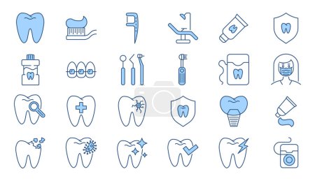 Photo for Dental related vector icons set. Included icons dental chair, tooth paste, dental tools, dental floss, caries, toothbrush, toothpaste, toothache, implant. Isolated on white background - Royalty Free Image
