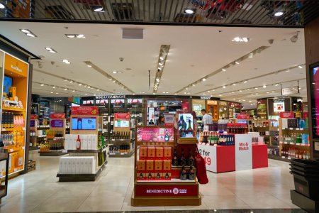 Photo for SINGAPORE - CIRCA JANUARY, 2020: a broad range of alcoholic drinks on display at Wines and Spirits store in Singapore Changi Airport. - Royalty Free Image
