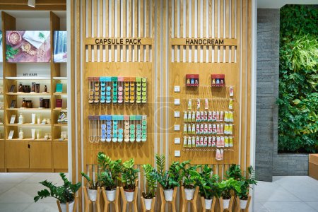 Photo for KUALA LUMPUR, MALAYSIA - CIRCA JANUARY, 2020: personal care products on display at Innisfree  store in Suria KLCC shopping mall in Kuala Lumpur. - Royalty Free Image