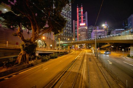 Photo for HONG KONG - CIRCA DECEMBER, 2019: view from upper deck of double-decker tramway. The tram is the cheapest mode of public transport on Hong Kong island - Royalty Free Image