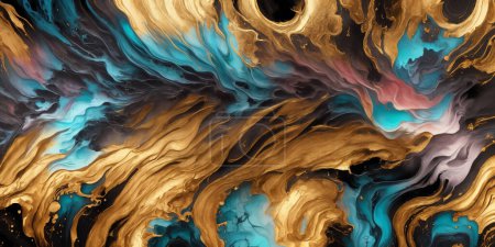 Foto de Abstracto mármol colorido fondo fluido arte pintura alcohol tinta estilo con una mezcla de negro, colores dorados. Hermoso fondo de mármol remolino - Imagen libre de derechos