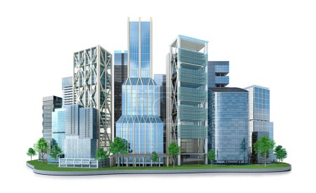 Die Skyline der modernen Stadt mit Wolkenkratzern auf weißem Hintergrund. 3D-Illustration