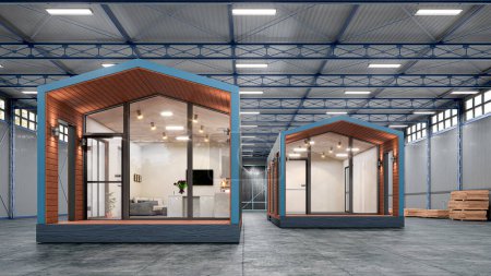 Montagehalle für modulare Häuser mit Fertigbauten. 3D-Illustration