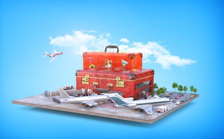 Photo for Voyage concept. Suitcase in form of airport. 3d illustration - Royalty Free Image
