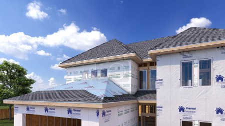 Photo for House roofing with asphalt shingles. 3d illustration - Royalty Free Image
