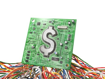 E-Geld. Elektronische Druckplatte mit Chip in Form eines Dollarzeichens. 3D-Illustration