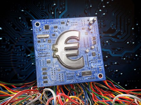 E-Geld. Elektronische Druckplatte mit Chip in Form eines Euro-Zeichens. 3D-Illustration